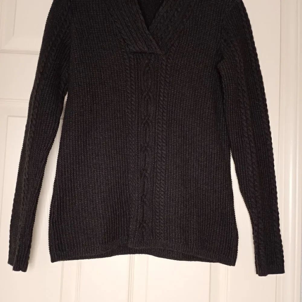 NAUTICA Women’s M Pullover Sweater Cable Knit Chunky Shawl V-Neck Cotton Dk Gray